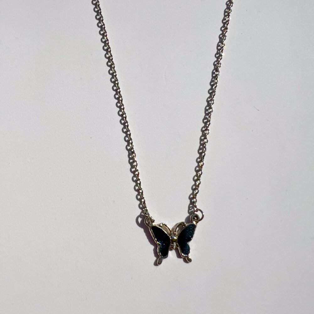 Vintage stainless steel silver blue butterfly necklace